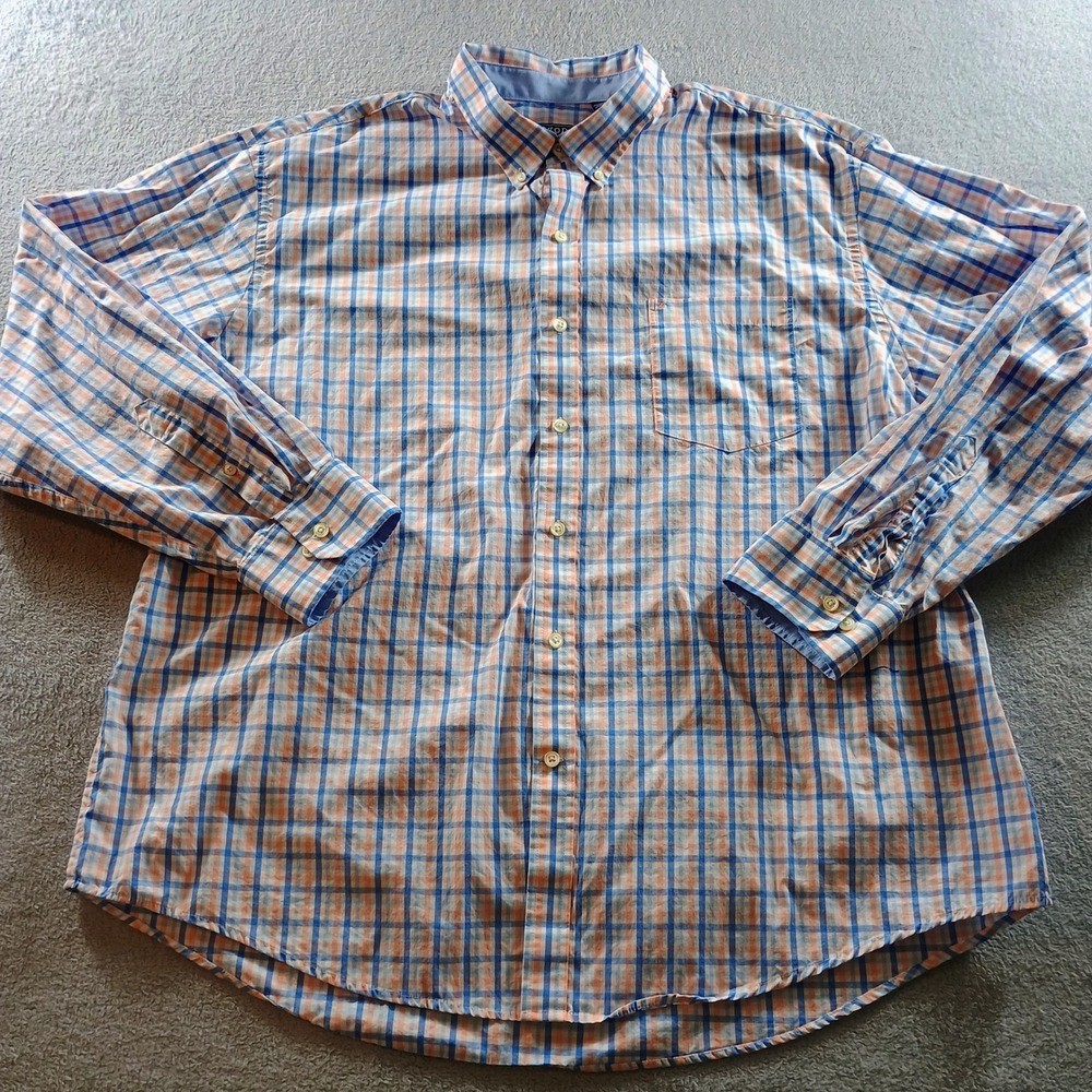 IZOD Men Button Down‎ Premium Essentials Blue Orange XXL Plaid Long Sleeve